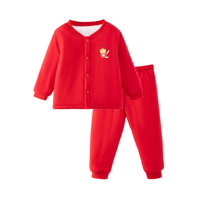 宝宝加厚新年服套装冬季纯棉家居服三层夹棉过年服大红色拜年棉服