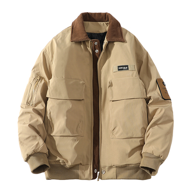 拼料工装棉衣男加肥大码潮胖宽松外套飞行衣厚夹克秋冬季街头美式