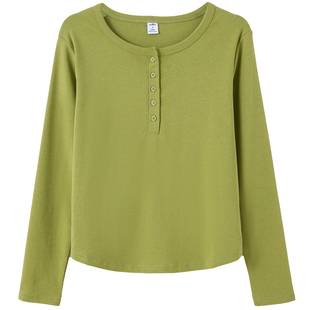 纯棉宽松长袖t恤春秋内搭打底衫女2025新款短款纽扣圆领洋气上衣