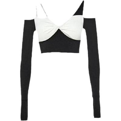 拼撞色高弹瑜伽服长袖女蝴蝶扭结带胸垫舞蹈运动紧身指套健身上衣