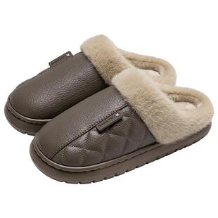 棉拖鞋男士冬季2025新款室内家居防滑加绒厚底皮面pu防水棉拖老人