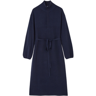 德玛纳半拉链高领针织连衣裙女25冬季新款气质灯笼袖腰带直筒长裙