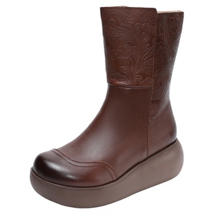 头层牛皮小鞋匠手工真皮厚底中筒妈妈棉靴女复古松糕鞋民族风保暖