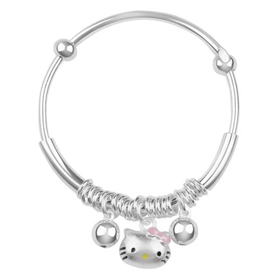 香港正生纯银s999足银亲子款kt猫铃铛流苏推拉手镯可爱大人宝宝款