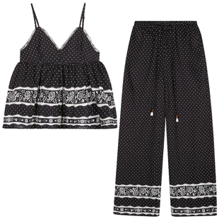 今屿花花 2026超火穿搭一整套波点印花吊带套装裤女小个子两件套
