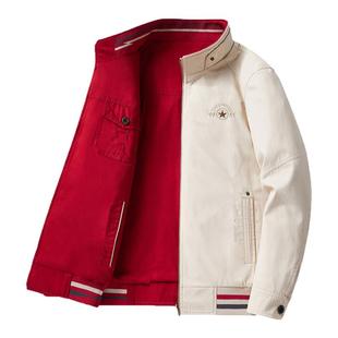 啄木鸟纯棉双面穿夹克男士外套秋冬季立领中年爸爸装红色商务休闲