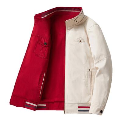 啄木鸟纯棉双面穿夹克男士外套秋冬季立领中年爸爸装红色商务休闲