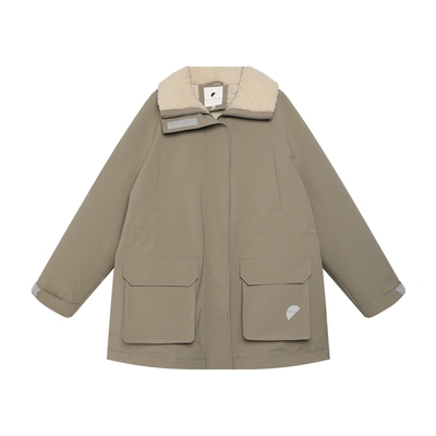 半圆原创设计女装[复古]2025冬季翻领可收腰工装保暖拼接羽绒服女