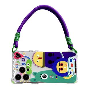 卡哇伊小怪兽透明壳挂绳14plus手机壳时尚防摔手拎短绳适用苹果13Promax全包小米13软华为Mate50斜挎侧背长绳