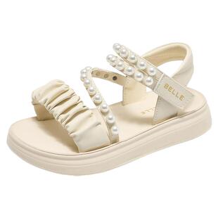 百丽童鞋女童露趾凉鞋小女孩珍珠时装鞋夏季防滑户外儿童沙滩凉鞋