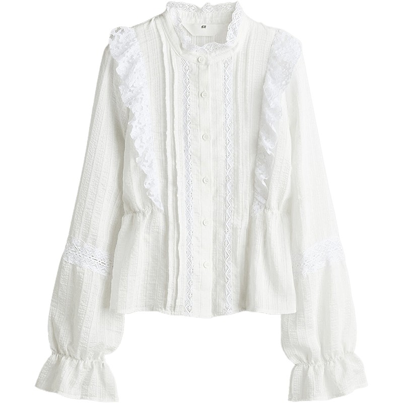 HM童装儿童女童衬衫夏季礼服演出服褶边蕾丝嵌花衬衣上衣1256427