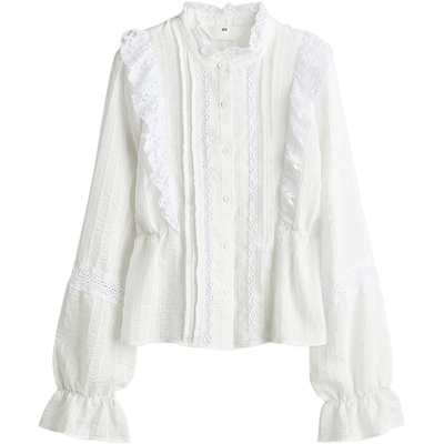 HM童装儿童女童衬衫夏季礼服演出服褶边蕾丝嵌花衬衣上衣1256427