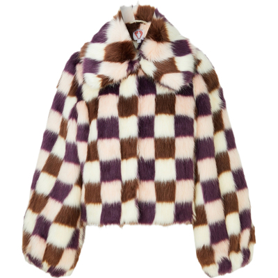 【秒杀】SHRIMPS 女秋冬格纹人造皮草翻领外套