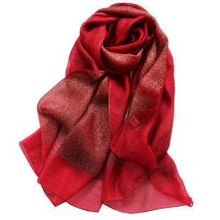 本命年高档双层酒红色真丝丝巾金丝围巾礼服旗袍披肩妈妈长款秋冬