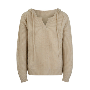 连帽100%纯羊毛衫女半开领扭花加厚针织毛衣宽松羊绒帽衫打底上衣