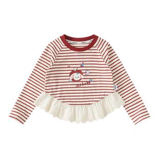 贝贝城女童长袖t恤春装2026新款红色条纹儿童上衣春秋女宝宝衣服