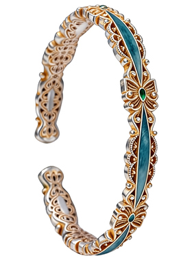 吴越老银铺纯银9999翎织手镯国风珐琅银手镯可调节百搭银镯子新款