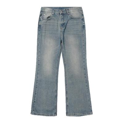 蓝色糜烂裤边微喇牛仔裤