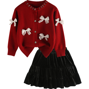 小香风套装2025秋冬女童拜年服中大童红色毛衣丝绒衫蛋糕裙两件套