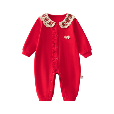 新生婴儿连体衣红色甜美草莓领蕾丝哈衣女宝宝新年喜庆爬服拜年服