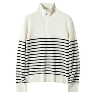 条纹半拉链立领毛衣女款2025新款高级翻领羊毛羊绒针织打底衫秋冬