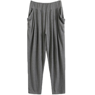 莫代尔哈伦裤女大码胖mm宽松弹力家居运动显瘦束脚夏黑色薄款九分