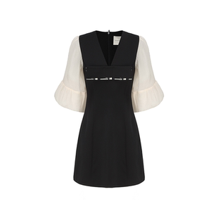 AtelierMissLu【夜色花园】2024春夏蝴蝶结撞色拼接收腰连衣裙