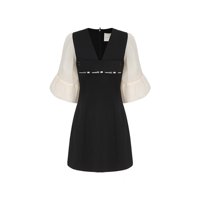 撞色拼接花苞纱袖收腰连衣裙