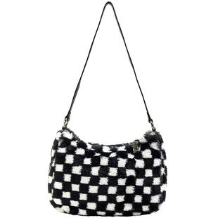 兰诺毛绒格纹腋下包链条包2025秋冬新款时尚潮流单肩包斜挎包女包