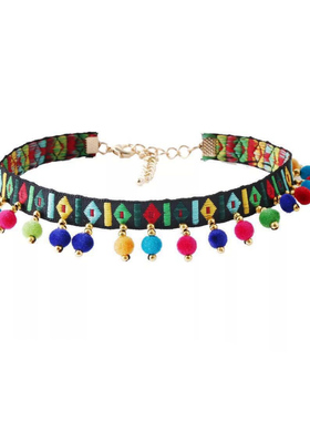 彩色毛球流苏吊坠项链波西米亚
