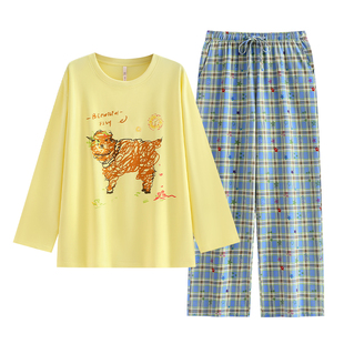 悦内睡衣女款春秋季春天纯棉长袖圆领家居服休闲大码卡通格纹套装