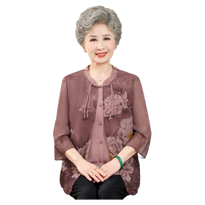 中老年人女装大码假两件t恤衬衫