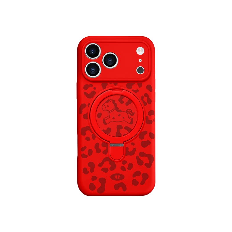 ANGYING × 豹纹发财马适用iPhone17Promax手机壳磁吸带支架To5苹果16Pro套新年款ip15液态硅胶13pm全包红色