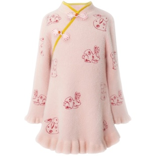 丢手绢童装女童新中式连衣裙粉色过年衣服可爱仿貂绒针织毛衣裙