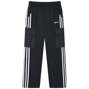 特步童装男童加绒工装裤儿童阔腿裤2025秋冬新款条纹运动裤子大童