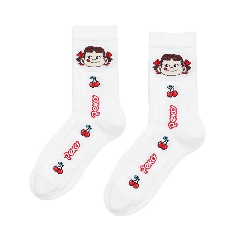 阪织屋卡通萌趣中筒袜PEKO系列棉质提花学院风甜美可爱学生女袜