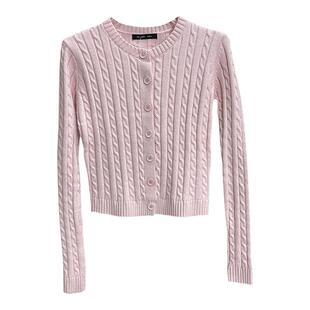 纯欲风显白粉色修身麻花毛针织衫女bm露脐扭花毛衣圆领开衫短外套