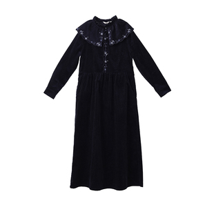 布符春秋新款条绒连衣裙绣花新中式气质国风时尚过膝九分袖女