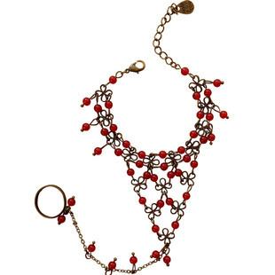 纯手工复古汉服四叶草幸运手环古典宫廷铜制红色樱桃手链戒指一体