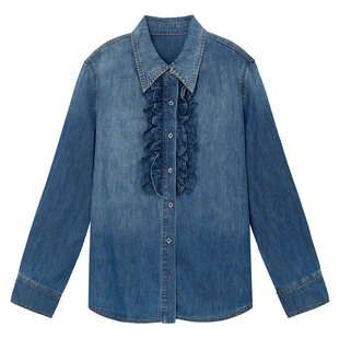 FF仿佛衬衫女2026春季新款荷叶边波西风蕾丝牛仔时尚衬衣长袖上衣