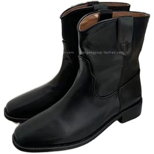 现韩国东大门代购西部小短靴子2023秋新chic磨砂套筒木跟套筒短靴