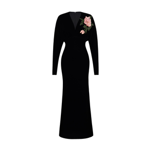 XULU原创进口丝绒刺绣高定包臀礼服裙轻奢优雅羊腿袖V领连衣裙