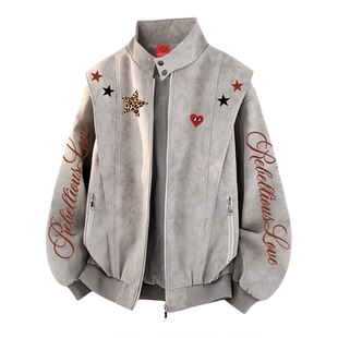 查尔斯桃心 美式复古星星字母印花夹克男春上新潮流百搭情侣外套