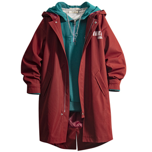 soinku春秋季红色中长款风衣男生款青年流行春季潮牌连帽大衣外套