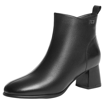 红蜻蜓粗跟羊皮时装短靴