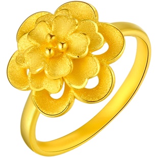 黄金花戒指女款3d硬金玫瑰花牡丹花戒指尾戒指环999足金食指戒子