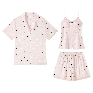 冰丝睡衣女带胸垫夏季性感吊带短袖三件套丝绸家居服可外穿夏天夏