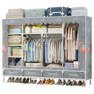 衣柜简易衣柜带抽屉布艺加固衣柜出租房用家用卧室双人挂衣布衣柜