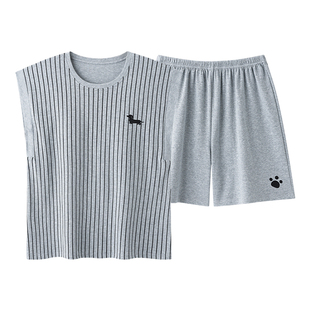 帕兰朵带胸垫睡衣女夏季100%纯棉无袖背心短袖短裤休闲家居服套装