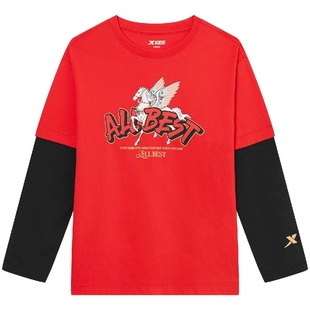 福燈贺岁|特步童装男大童假两件红色长袖T恤针织上衣新年款打底衫